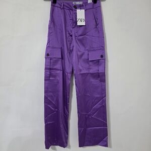 NWT Zara Satin Cargo Pants Purple High Rise Straight Leg Size Small